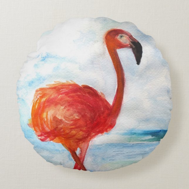 Flamingo Waterverf Kunst Rond Sierkussen Kussen (Voorkant)