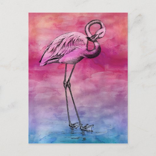 Flamingo Waterverf  Roze Flamingos Retro Briefkaart (Voorkant)