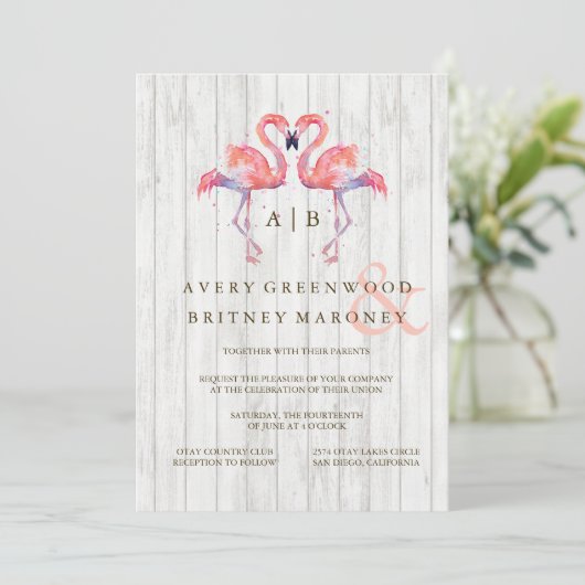 Flamingo Waterverf Wedding Invitations Kaart (Staand voorkant)