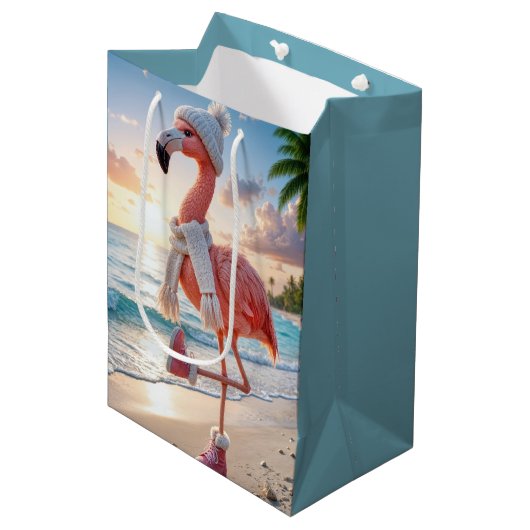 Flamingo Wearing Scarf and Pink Boots Medium Cadeauzakje (Voorkant Gekanteld)