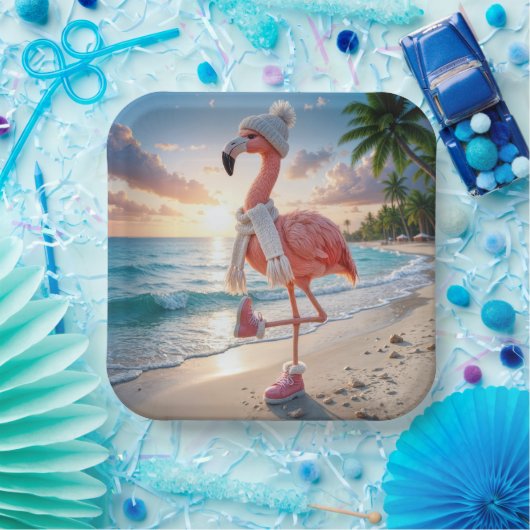 Flamingo Wearing Winter Boots and Scarf Papieren Bordje (Feest)