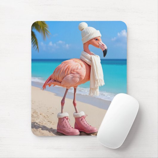 Flamingo Wearing Winter Scarf and Boots Muismat (Met muis)