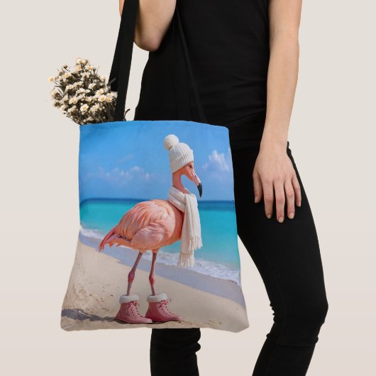 Flamingo Wearing Winter Scarf and Hat Tote Bag (Dichtbij)