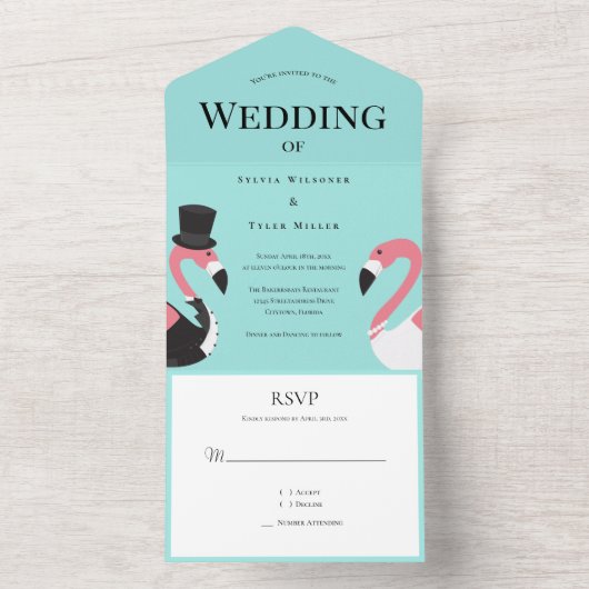 Flamingo Wedding All In One Uitnodiging (Binnen)
