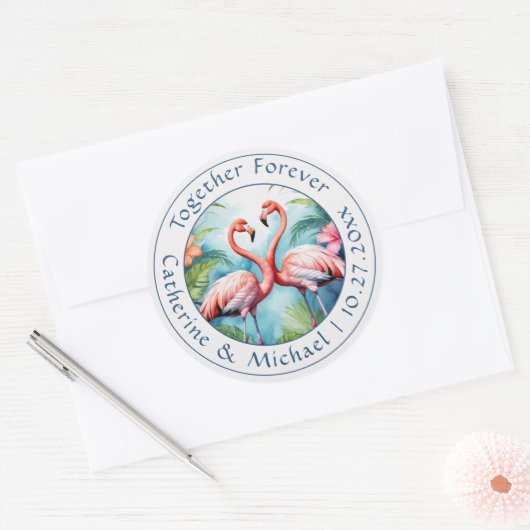 Flamingo Wedding Ronde Sticker (Envelop)