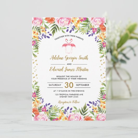 Flamingo Wedding Tropische Bloemen Palm Bladeren G Kaart (Staand voorkant)