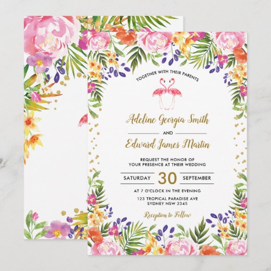 Flamingo Wedding Tropische Bloemen Palm Bladeren G Kaart (Voorkant / Achterkant)