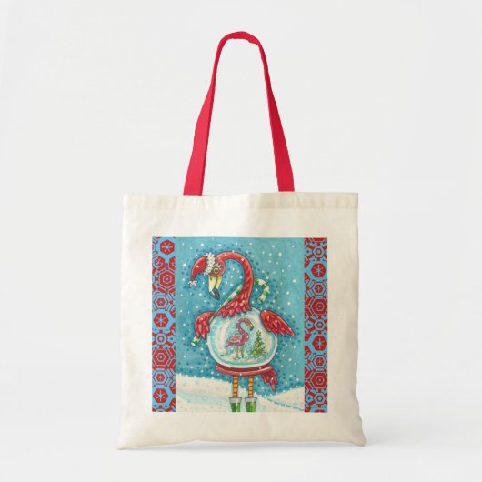 FLAMINGO WHITE CHRISTMAS SNOWGLOBE BUDGET CANVAS T TOTE BAG (Voorkant)