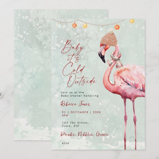 Flamingo Winter baby shower Kaart (Voorkant / Achterkant)