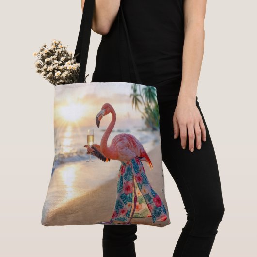 Flamingo With Champagne On a Beach Tote Bag (Dichtbij)