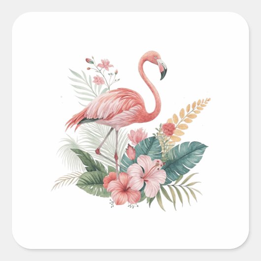 Flamingo With Flowers Vierkante Sticker (Voorkant)