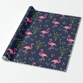 Flamingo Wrapping Paper - Roze Flamingo's op Navy  Cadeaupapier (Uitgerold)
