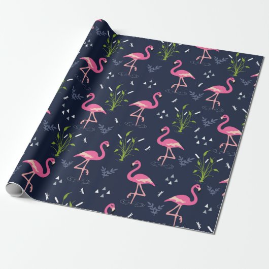 Flamingo Wrapping Paper - Roze Flamingo's op Navy  Cadeaupapier (Uitgerold)
