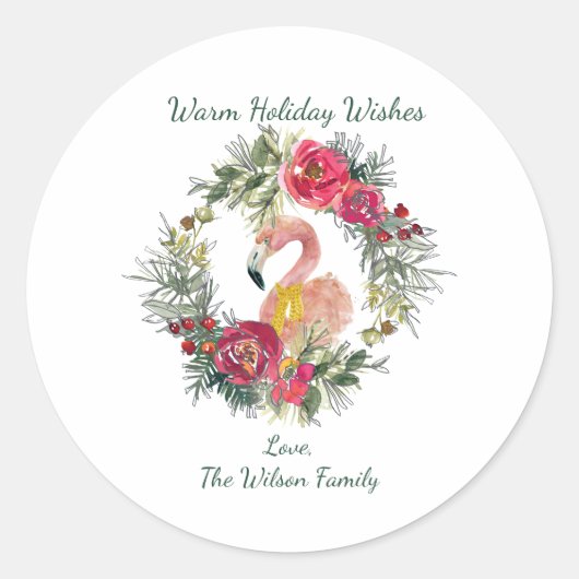 Flamingo Wreath Warm Holiday Wish Custom Ronde Sticker (Voorkant)