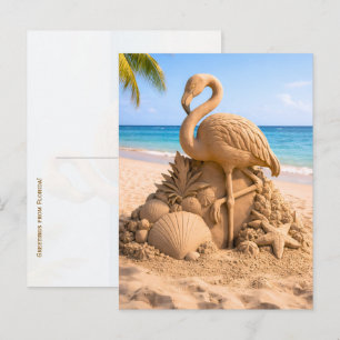 Flamingo Zand Sculptuur op Tropisch Strand Briefkaart