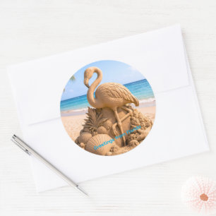 Flamingo Zand Sculptuur op Tropisch Strand Ronde Sticker
