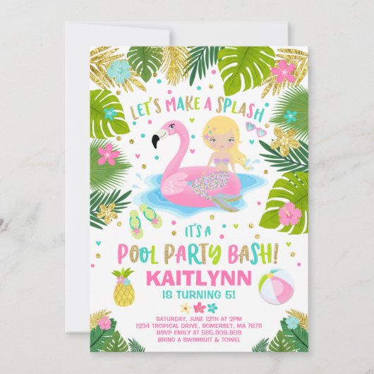 Flamingo & Zeemeermin Pool Party Uitnodiging Tropi (Voorkant)