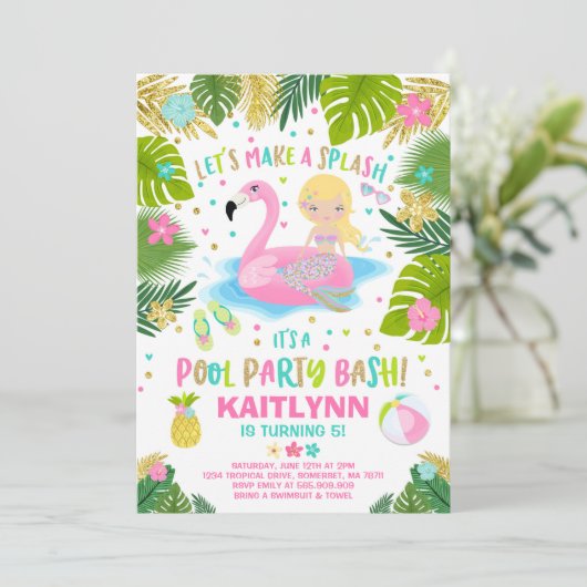 Flamingo & Zeemeermin Pool Party Uitnodiging Tropi (Staand voorkant)