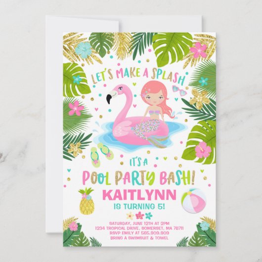 Flamingo & Zeemeermin Pool Party Uitnodiging Tropi (Voorkant)