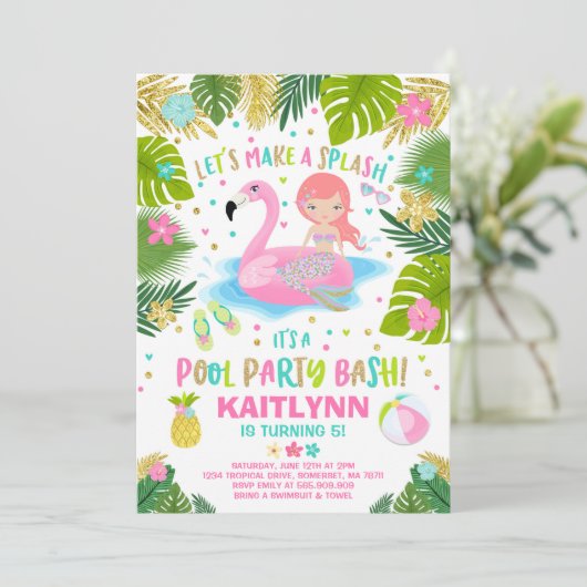 Flamingo & Zeemeermin Pool Party Uitnodiging Tropi (Staand voorkant)