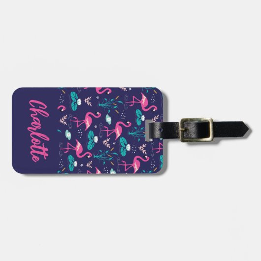 Flamingo zomer blauw roze monogram bagagelabel (Voorkant horizontaal)