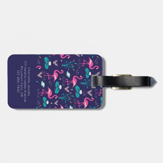Flamingo zomer blauw roze monogram bagagelabel (Achterkant horizontaal)