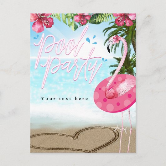 Flamingo Zomer Verjaardag ZWEMBAD PARTY Beach Uitnodiging Briefkaart (Voorkant)