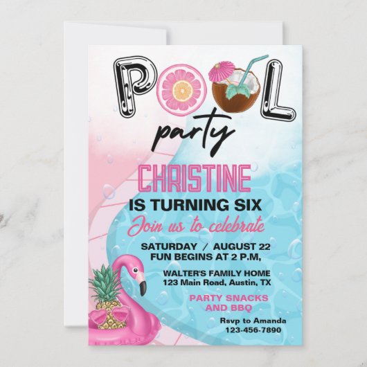 Flamingo Zomer Zwembad Verjaardagsfeest Kaart (Voorkant)