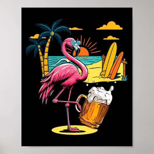 Flamingo Zonnebril Drinkt Bier Op Strand Grappig Poster (Voorkant)