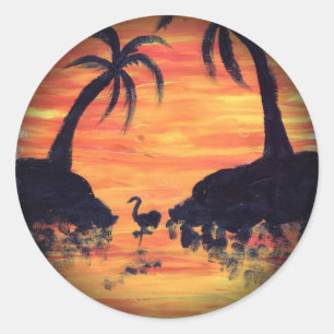 Flamingo Zonsondergang kunst door EelKat Ronde Sticker