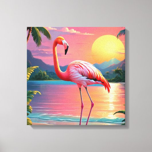 Flamingo Zonsondergang Tropisch Strand Canvas Afdruk (Voorkant)