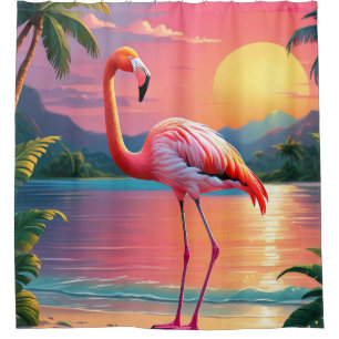 Flamingo Zonsondergang Tropisch Strand Douchegordijn