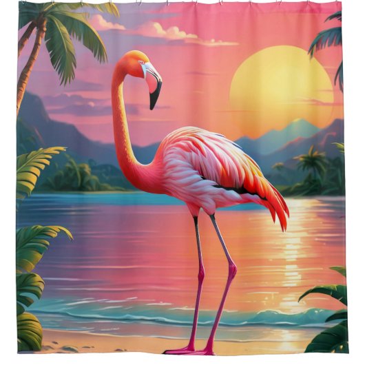 Flamingo Zonsondergang Tropisch Strand Douchegordijn (Voorkant)