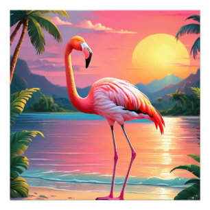 Flamingo Zonsondergang Tropisch Strand Foto Afdruk
