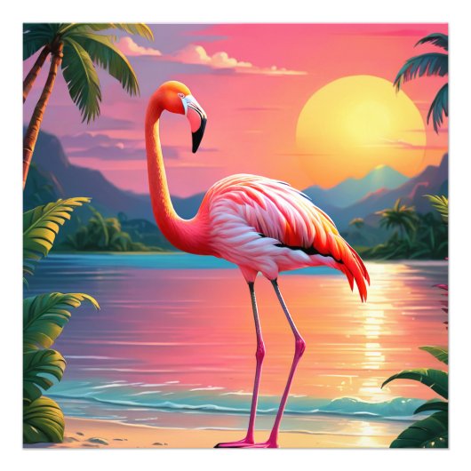 Flamingo Zonsondergang Tropisch Strand Foto Afdruk (Voorkant)