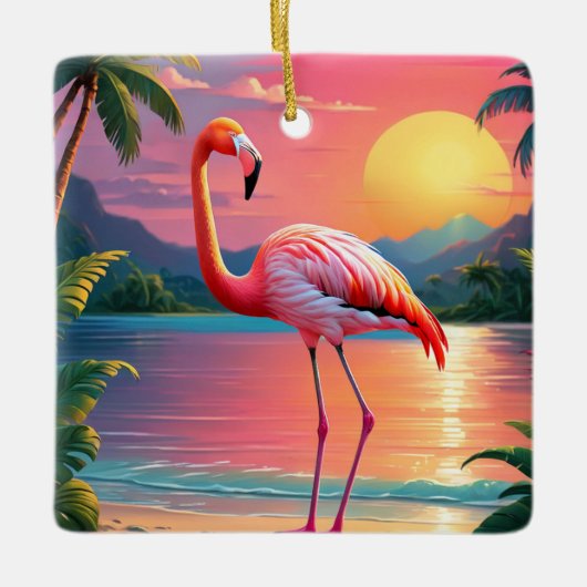 Flamingo Zonsondergang Tropisch Strand Keramisch Ornament (Voorkant)