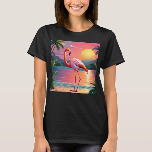 Flamingo Zonsondergang Tropisch Strand  T-shirt (Voorkant)