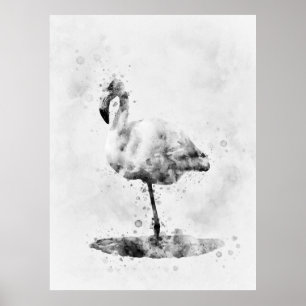 Flamingo Zwart en Wit Aquarel 01 Poster