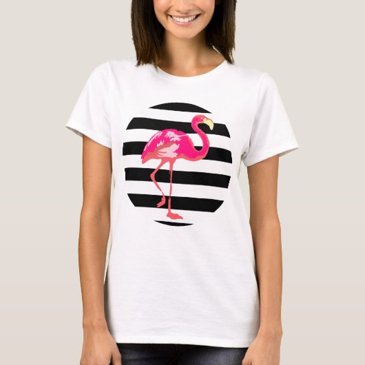 Flamingo, zwarte en witte strepen t-shirt (Voorkant)