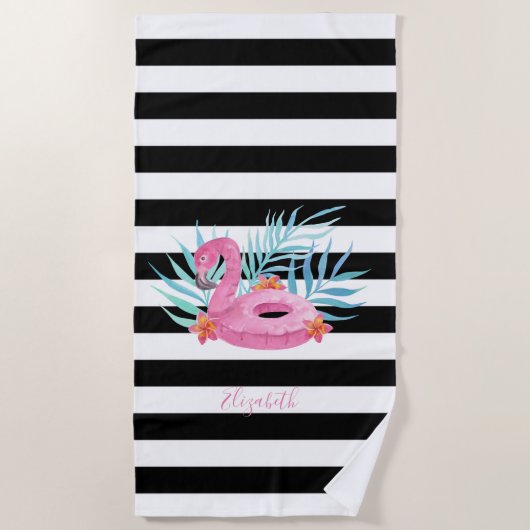 Flamingo zwembad drijver zwart wit strepen strandlaken (Voorkant)