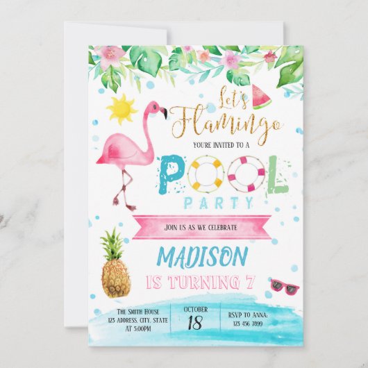 Flamingo zwembad party kaart (Voorkant)