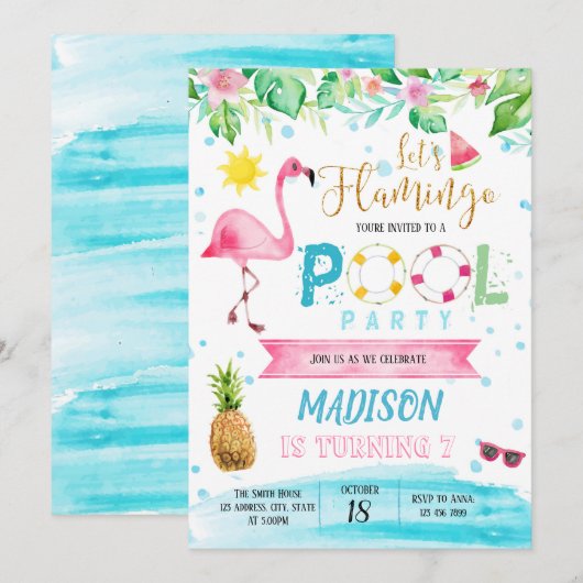 Flamingo zwembad party kaart (Voorkant / Achterkant)