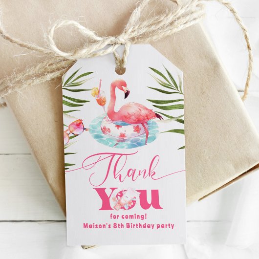 Flamingo zwembad party roze meisje verjaardag cadeaulabel