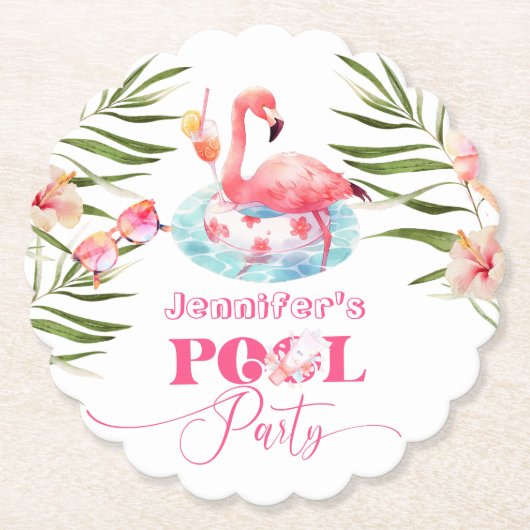 Flamingo zwembad party roze meisje verjaardag kartonnen onderzetters (Voorkant)
