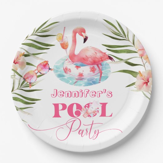 Flamingo zwembad party roze meisje verjaardag papieren bordje (Voorkant)