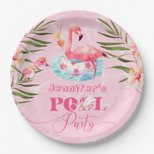 Flamingo zwembad party roze meisje verjaardag papieren bordje (Voorkant)