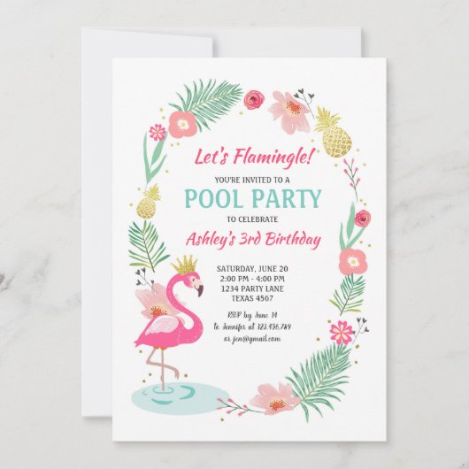 Flamingo Zwembad uitnodiging Tropische Verjaardag (Voorkant)
