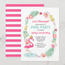 Flamingo Zwembad uitnodiging Tropische Verjaardag