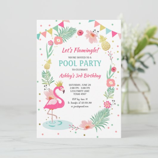 Flamingo Zwembad uitnodiging Tropische Verjaardag (Staand voorkant)