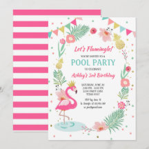Flamingo Zwembad uitnodiging Tropische Verjaardag